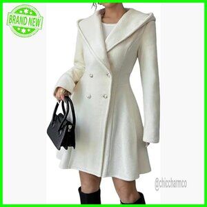 Women's Slim Fit Wool Pea Coat with Hood, Double Breasted, Midi Length